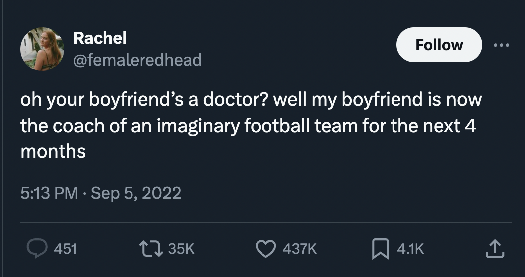 screenshot - Rachel ... oh your boyfriend's a doctor? well my boyfriend is now the coach of an imaginary football team for the next 4 months